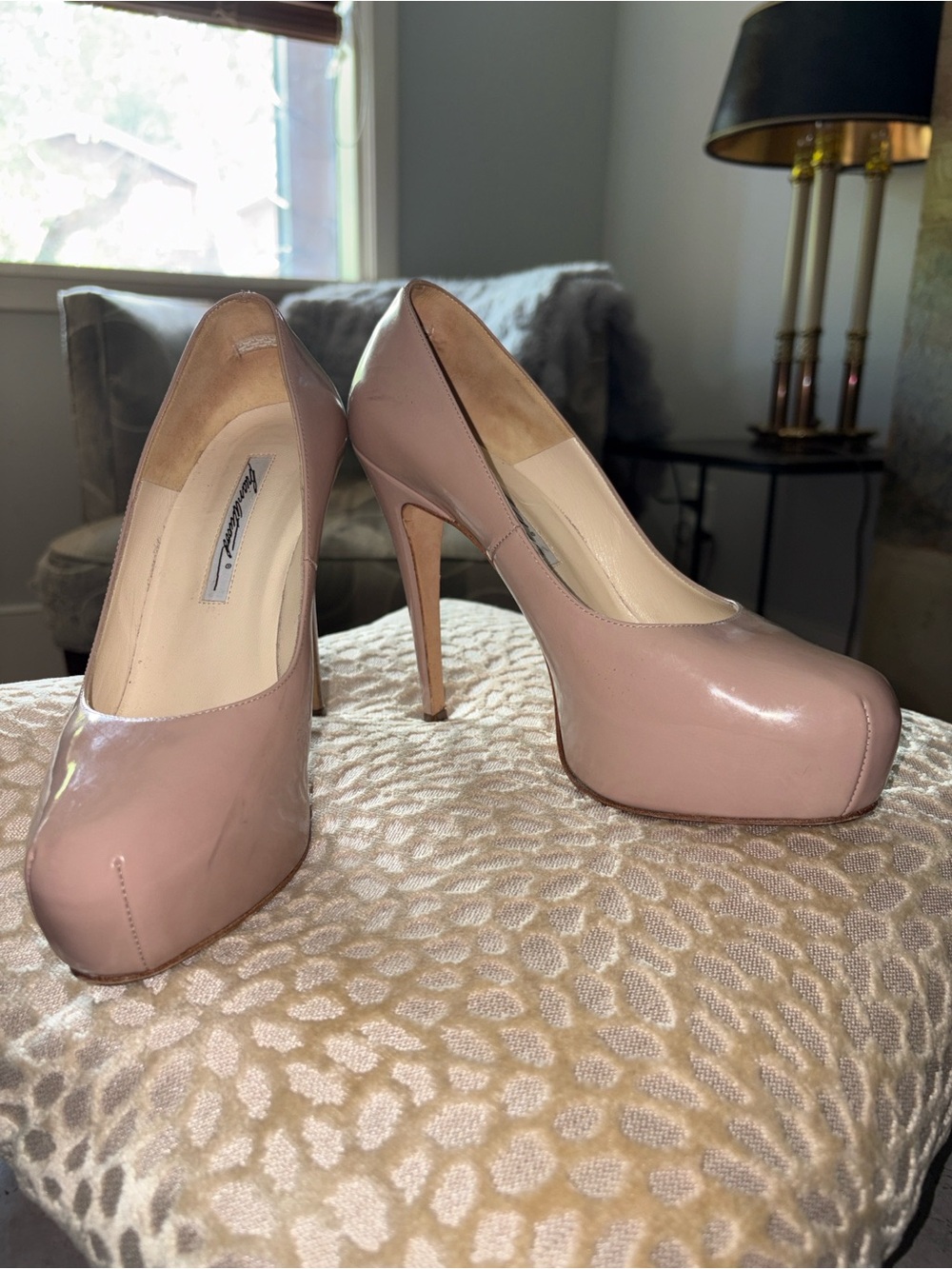 Brian Atwood Nude Blush Patent Platform Stilettos